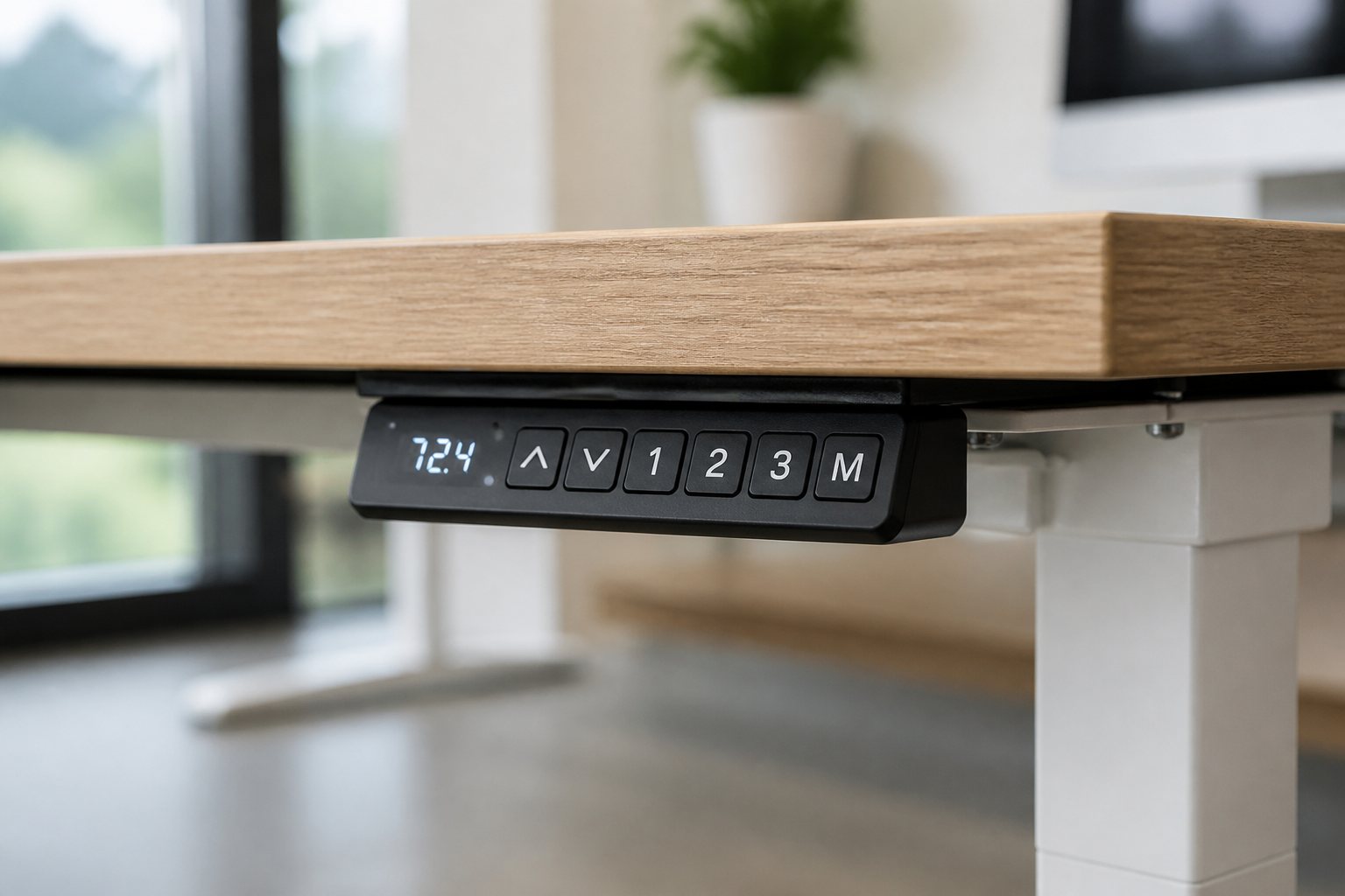 Detalle del mando de una mesa regulable en altura