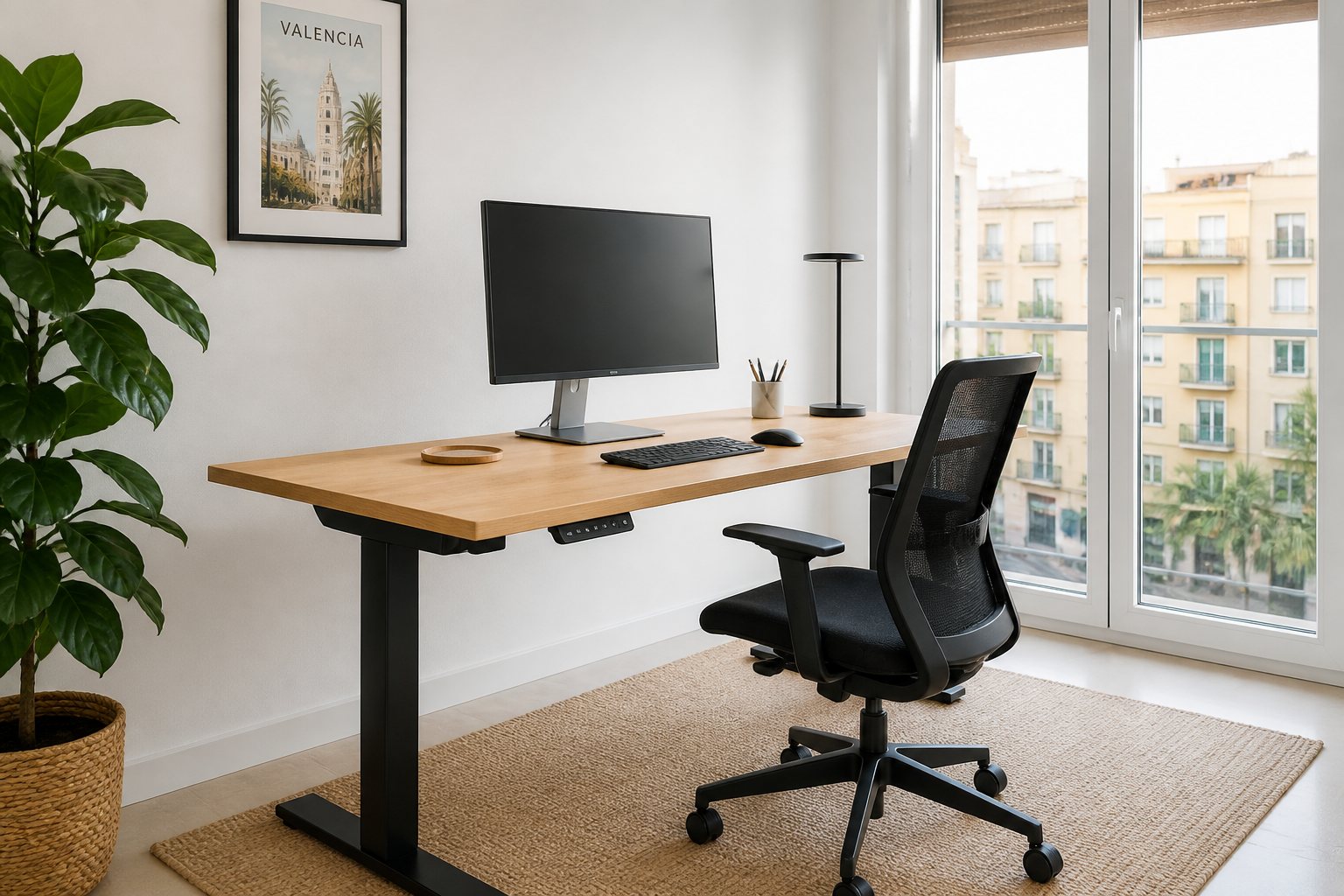 Despacho en casa con mesa regulable y silla ergonómica junto a una ventana